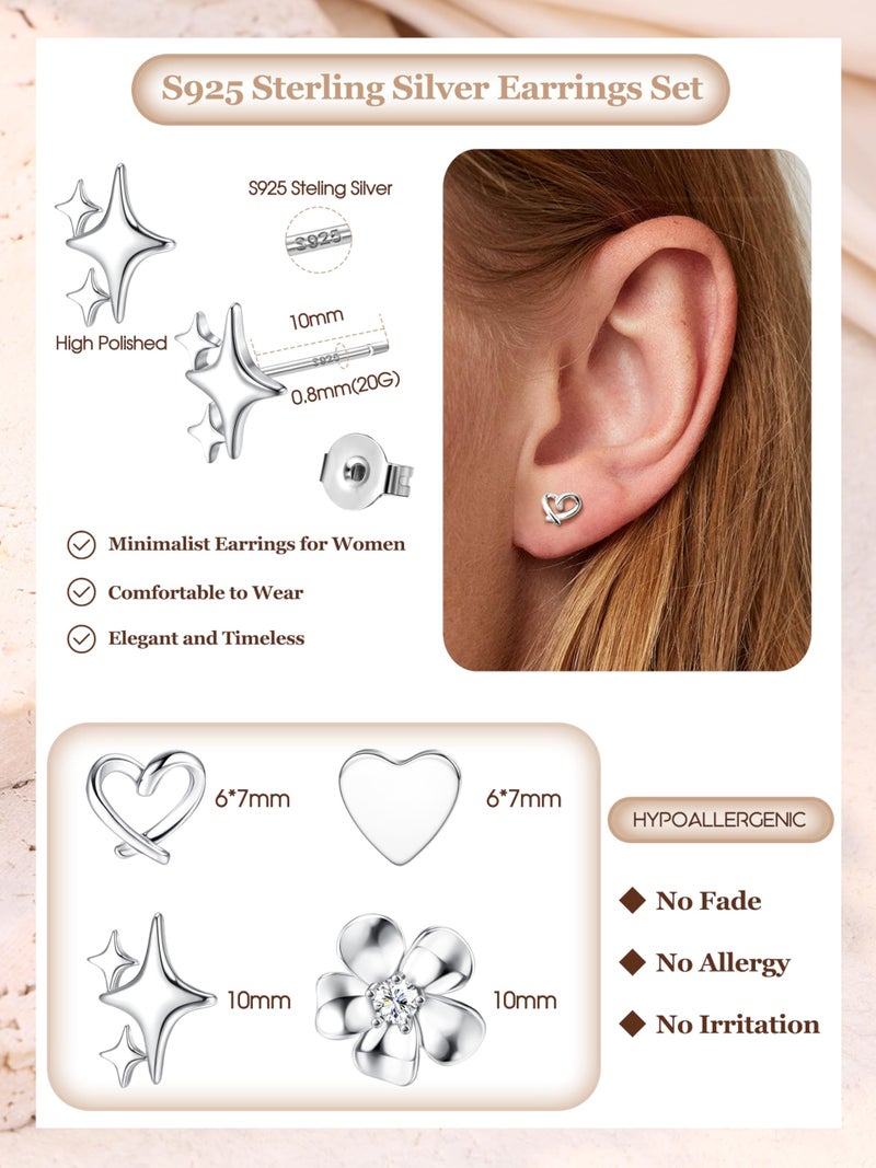 THUNARAZ Hypoallergenic Stud Earrings for Women Sterling Silver Post Earrings for Sensitive Ears Dainty Simple Flower Star Heart Stud Earrings for Women Pierced Earrings Jewelry Gifts - Image 2