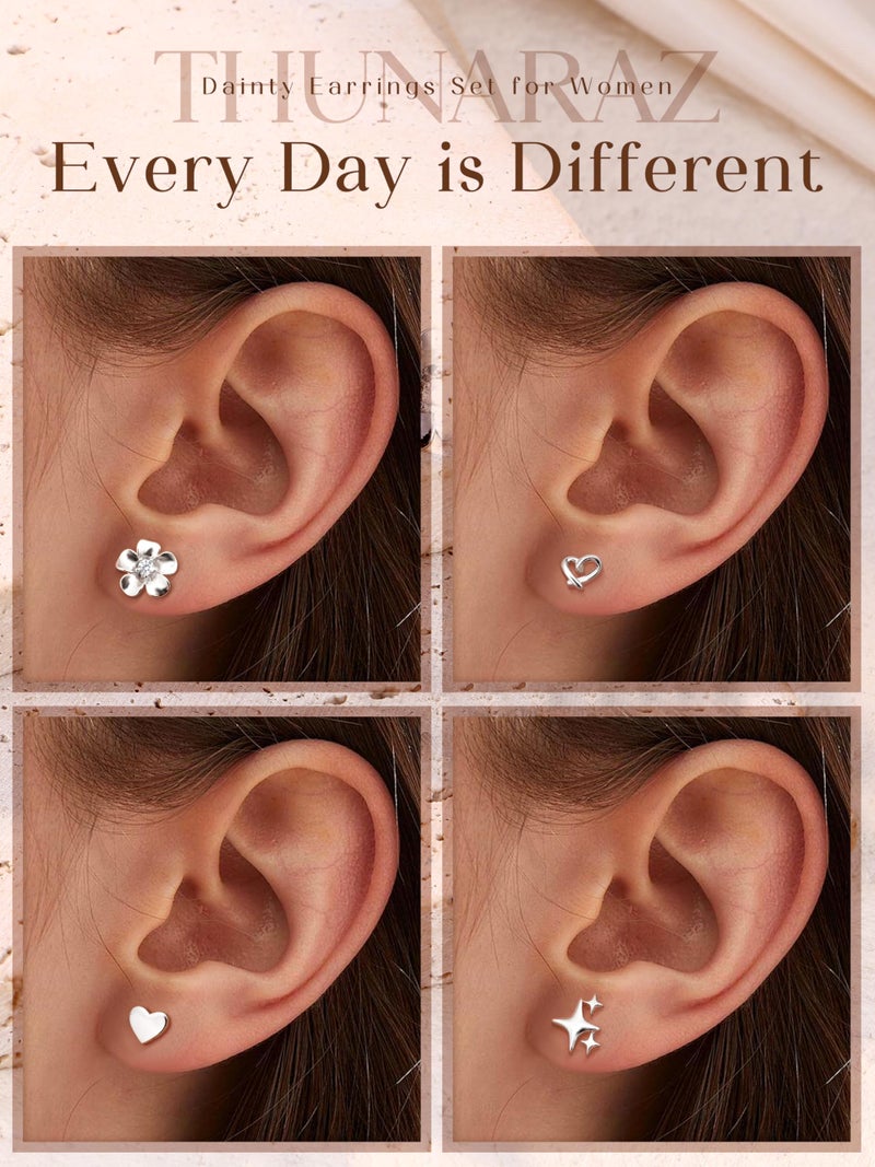 THUNARAZ Hypoallergenic Stud Earrings for Women Sterling Silver Post Earrings for Sensitive Ears Dainty Simple Flower Star Heart Stud Earrings for Women Pierced Earrings Jewelry Gifts - Image 5