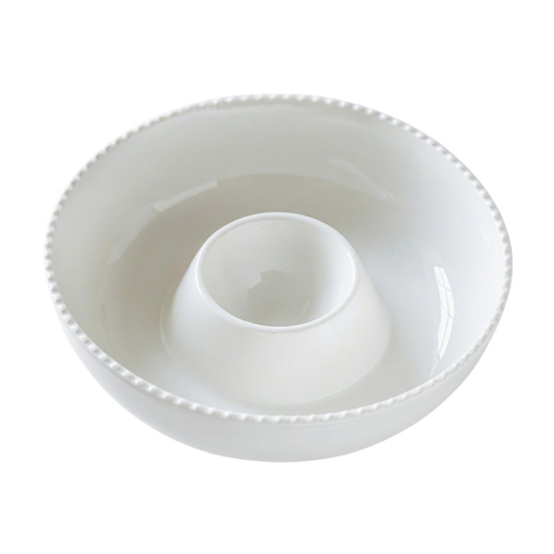 Ausomen 11'' Ceramic Chip and Dip Tray, Middle Size Divided Serving Set for Parties, Mixing Bowl Sets for Salsa, Snack, Veggies, Dumpling, Fruit, Salad, Fruit, Entertaining, Hosting, Ivory White - Image 1