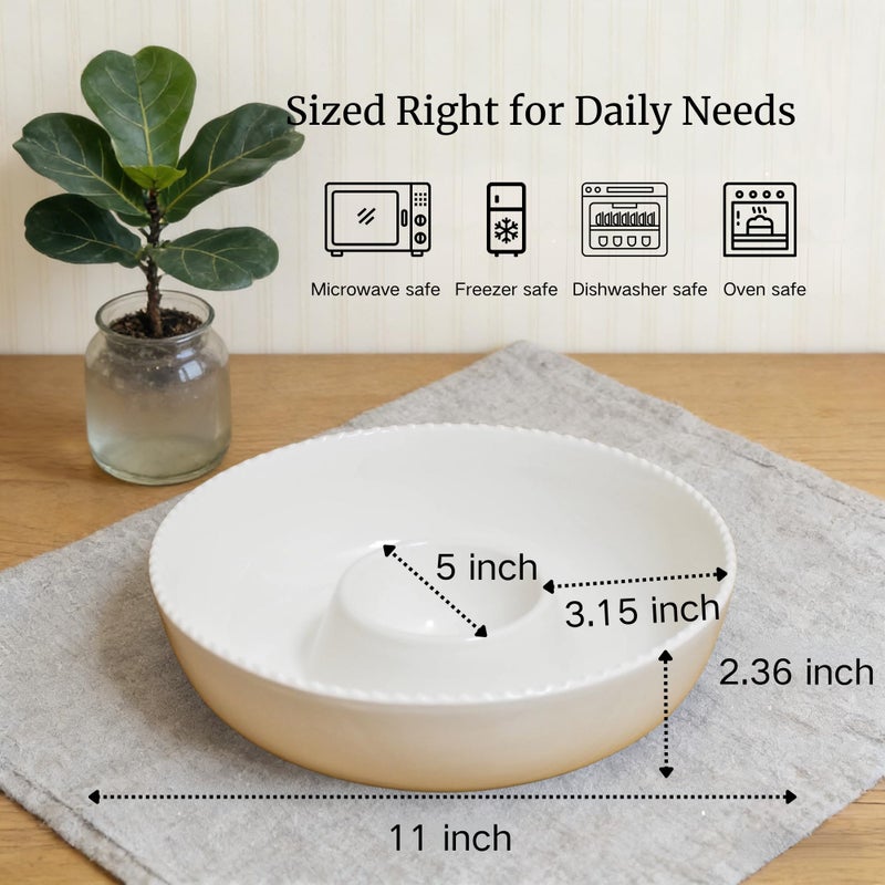 Ausomen 11'' Ceramic Chip and Dip Tray, Middle Size Divided Serving Set for Parties, Mixing Bowl Sets for Salsa, Snack, Veggies, Dumpling, Fruit, Salad, Fruit, Entertaining, Hosting, Ivory White - Image 4
