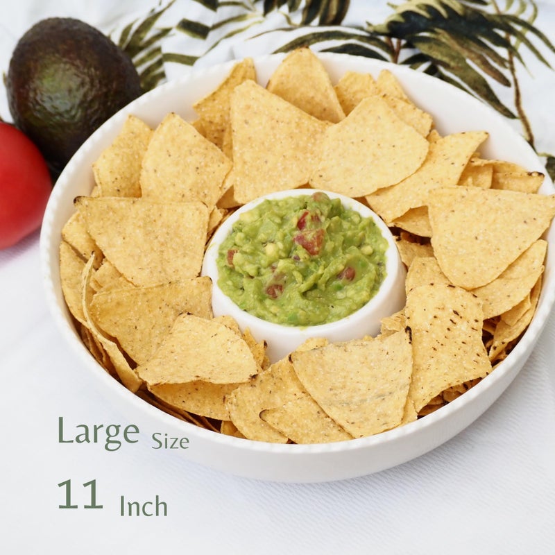 Ausomen 11'' Ceramic Chip and Dip Tray, Middle Size Divided Serving Set for Parties, Mixing Bowl Sets for Salsa, Snack, Veggies, Dumpling, Fruit, Salad, Fruit, Entertaining, Hosting, Ivory White - Image 2