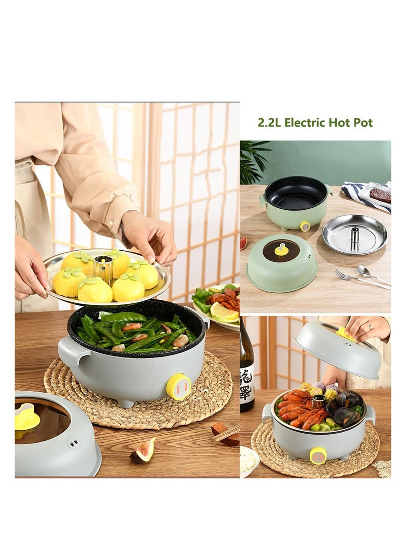 2.2L Electric Pot with 2 Steamers, Portable Non-Stick Frying Pan, Portable Travel Cooker for Roast/Amen/Fondue/Soup for Dorm/Camping, Dual Power Control