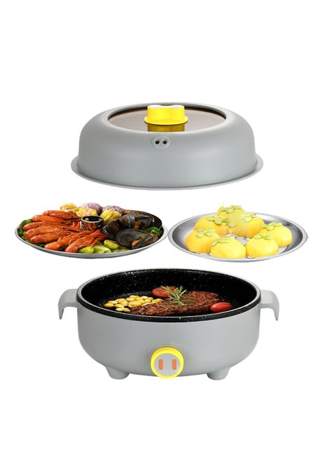 2.2L Electric Pot with 2 Steamers, Portable Non-Stick Frying Pan, Portable Travel Cooker for Roast/Amen/Fondue/Soup for Dorm/Camping, Dual Power Control