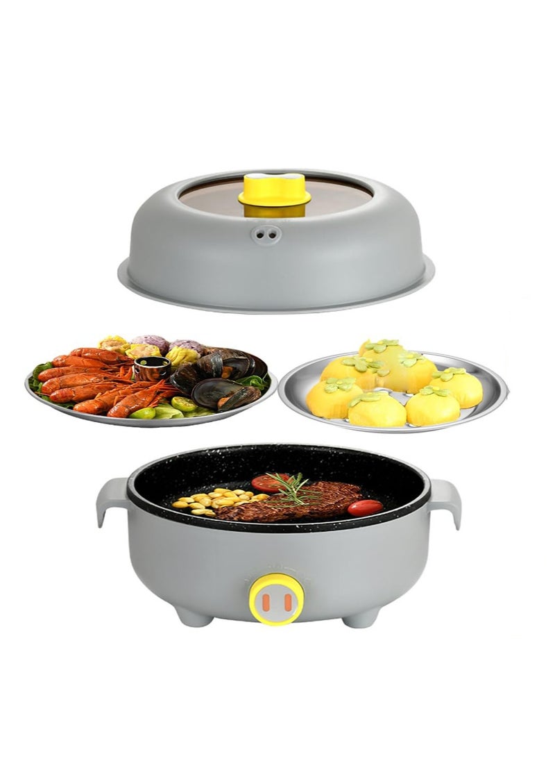2.2L Electric Pot with 2 Steamers, Portable Non-Stick Frying Pan, Portable Travel Cooker for Roast/Amen/Fondue/Soup for Dorm/Camping, Dual Power Control