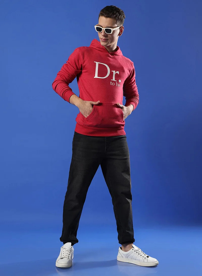 Campus Sutra Men's Rose Red Doctor-To-Be Print Pullover Hoodie