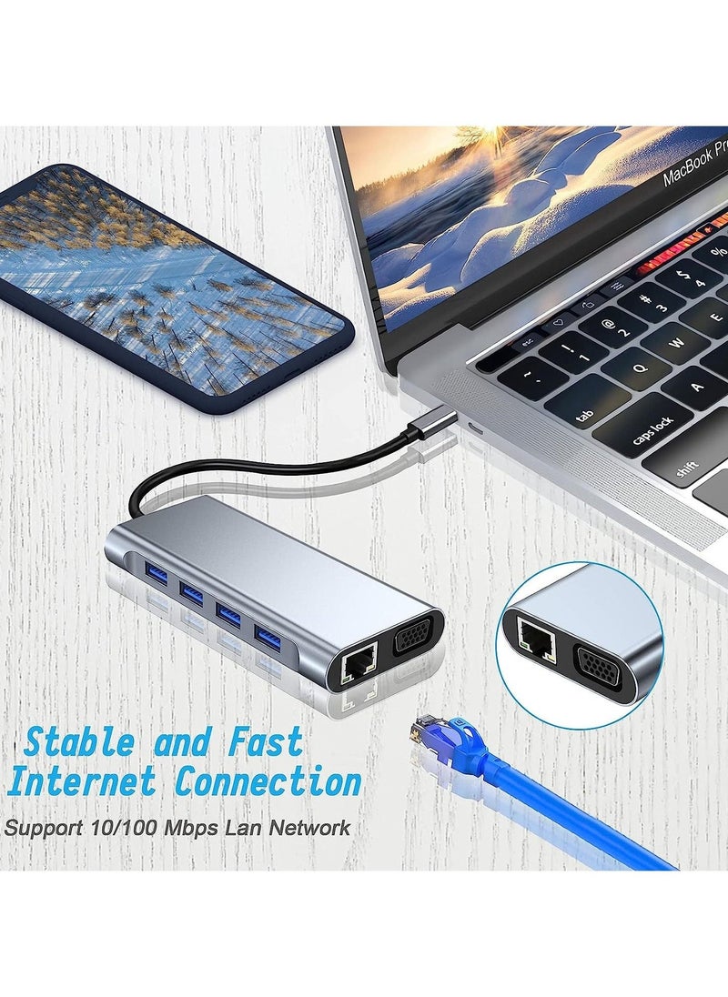Generic - USB C HUB, USB C Adapter 11 in 1 Dongle with 4K HDMI, VGA, Type C PD, USB3.0, RJ45 Ethernet, SD/TF Card Reader, 3.5mm AUX, Docking Station Compatible with MacBook Pro/Air, Other Type C Laptops Devices - Image 1