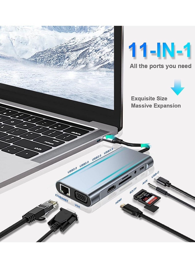 Generic - USB C HUB, USB C Adapter 11 in 1 Dongle with 4K HDMI, VGA, Type C PD, USB3.0, RJ45 Ethernet, SD/TF Card Reader, 3.5mm AUX, Docking Station Compatible with MacBook Pro/Air, Other Type C Laptops Devices - Image 1