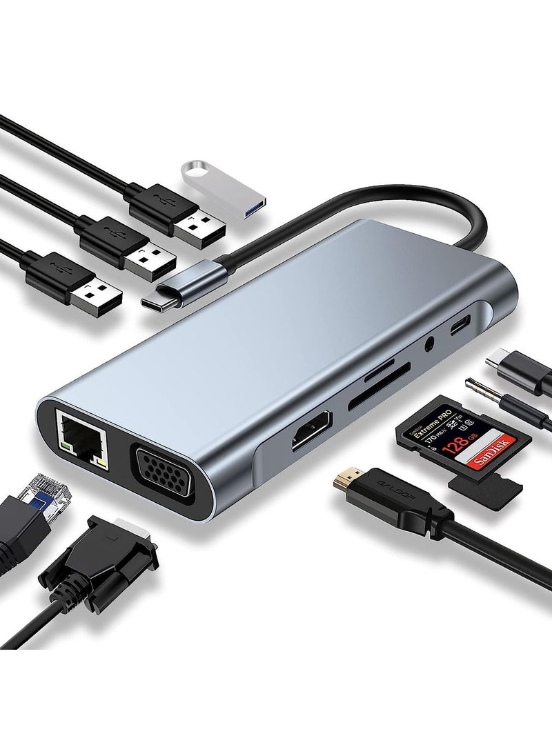 Generic - USB C HUB, USB C Adapter 11 in 1 Dongle with 4K HDMI, VGA, Type C PD, USB3.0, RJ45 Ethernet, SD/TF Card Reader, 3.5mm AUX, Docking Station Compatible with MacBook Pro/Air, Other Type C Laptops Devices - Image 1