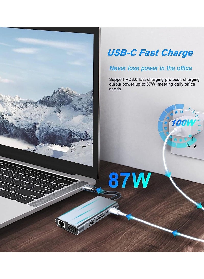 Generic - USB C HUB, USB C Adapter 11 in 1 Dongle with 4K HDMI, VGA, Type C PD, USB3.0, RJ45 Ethernet, SD/TF Card Reader, 3.5mm AUX, Docking Station Compatible with MacBook Pro/Air, Other Type C Laptops Devices - Image 1