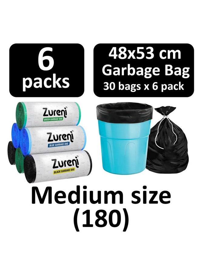 Zureni Zureni Garbage Dustbin Bags (Medium, 48 x 53 cm or 19" x 21") Drawstring Anti-drip Trash Waste Basket Bag for Kitchen Office Warehouse Pantry (Black, Green, Blue, 6 x 30 Pcs/Roll)  - Image 2