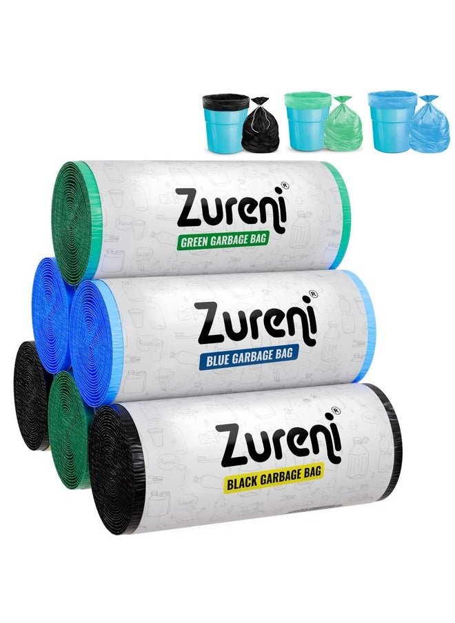 Zureni Zureni Garbage Dustbin Bags (Medium, 48 x 53 cm or 19" x 21") Drawstring Anti-drip Trash Waste Basket Bag for Kitchen Office Warehouse Pantry (Black, Green, Blue, 6 x 30 Pcs/Roll)  - Image 1