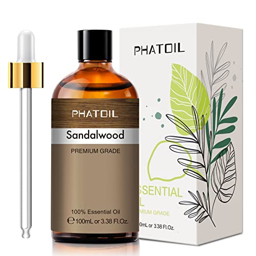 PHATOIL زيت خشب الصندل الأساسي 100 مل من PHATOIL، زيوت عطرية نقية للعلاج بالروائح، للناشر، المرطب، الاسترخاء، زيوت معطرة لصنع الصابون، الشموع، زجاجة ضخمة 3.38 أونصة سائلة - Image 1
