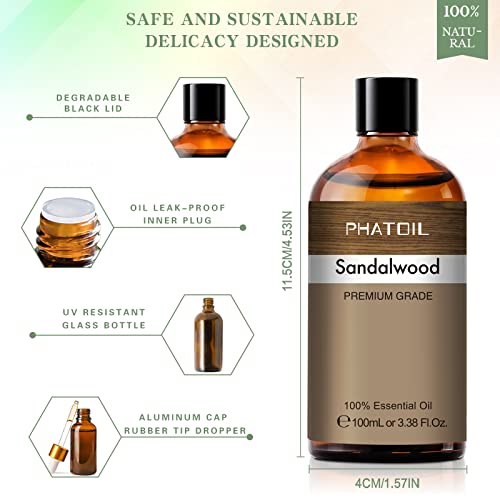 PHATOIL زيت خشب الصندل الأساسي 100 مل من PHATOIL، زيوت عطرية نقية للعلاج بالروائح، للناشر، المرطب، الاسترخاء، زيوت معطرة لصنع الصابون، الشموع، زجاجة ضخمة 3.38 أونصة سائلة - Image 3