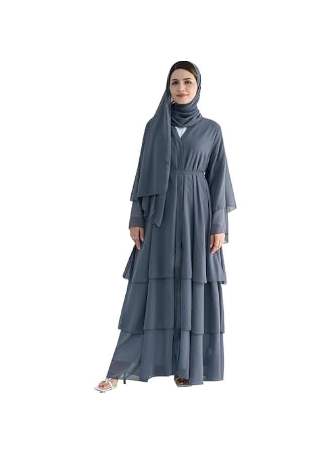Arabest Women Muslim Abaya Dress 3-Layer Chiffon Light Flowing Cardigan Dress with Hijab Dubai Travel Party Maxi Abaya - Image 1