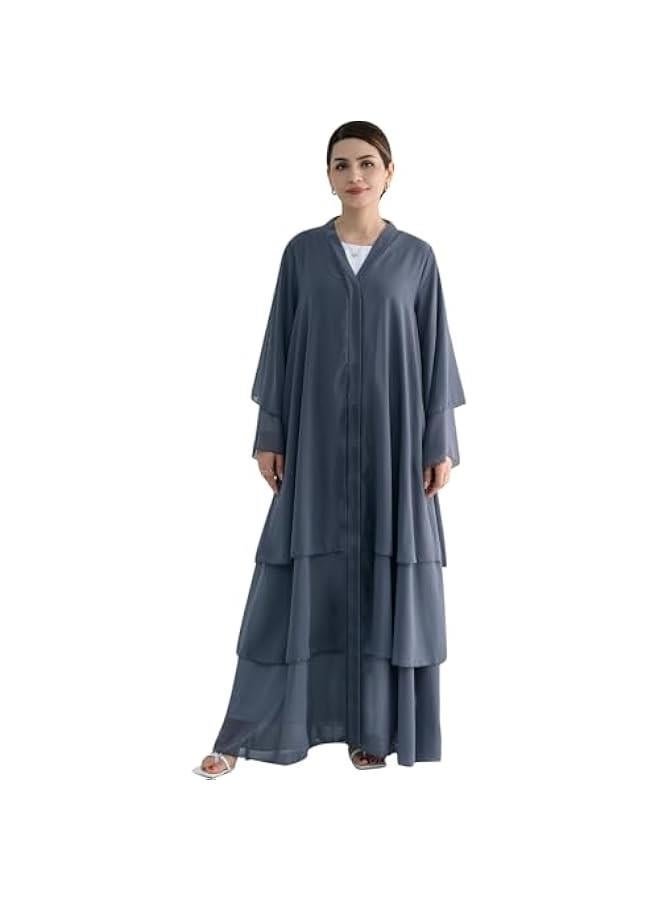 Arabest Women Muslim Abaya Dress 3-Layer Chiffon Light Flowing Cardigan Dress with Hijab Dubai Travel Party Maxi Abaya - Image 2