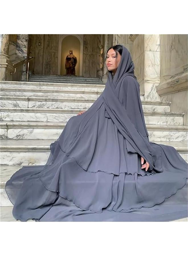 Arabest Women Muslim Abaya Dress 3-Layer Chiffon Light Flowing Cardigan Dress with Hijab Dubai Travel Party Maxi Abaya - Image 4