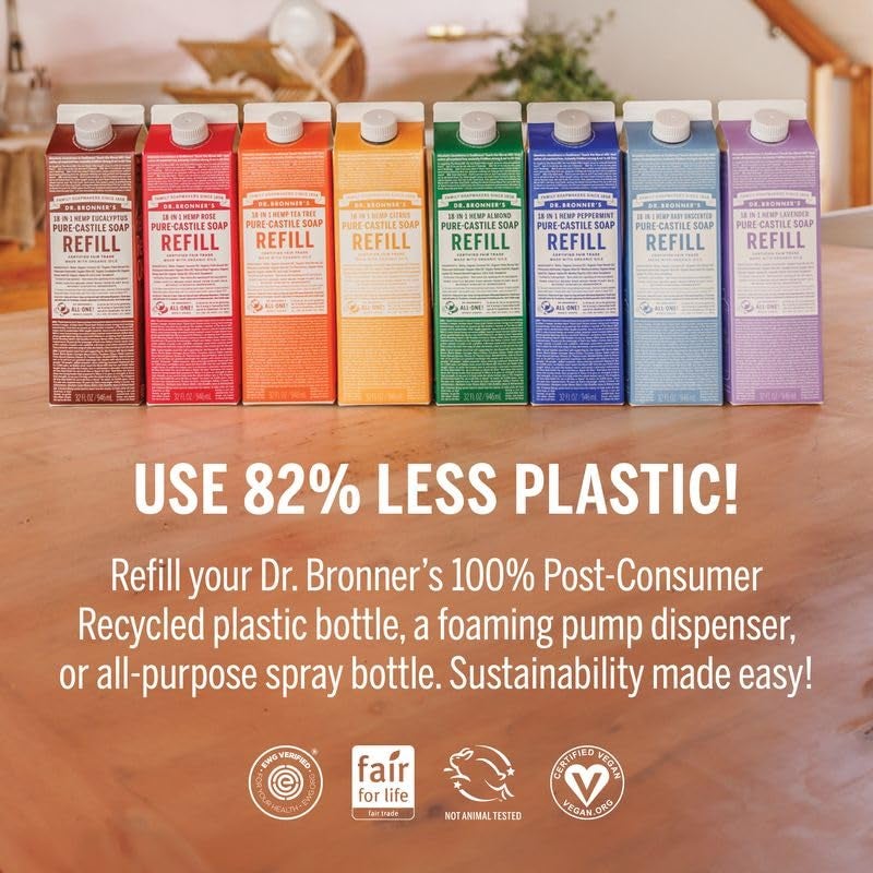 Dr. Bronner's صابون سائل د. برونر النقي - إعادة تعبئة مصنوعة من زيوت عضوية معتمدة متجددة، 82% بلاستيك أقل - 18 استخدام، لغسل الوجه، وغسل الجسم، وإعادة تعبئة صابون اليدين والمزيد، بدون رائحة للأطفال، 32 أونصة - Image 4