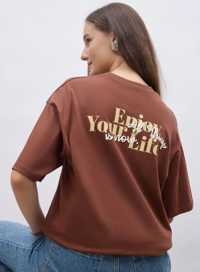 Styli Styli Brown Slogan Print Oversized T-Shirt