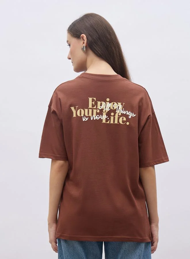 Styli Styli Brown Slogan Print Oversized T-Shirt