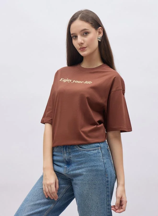 Styli Styli Brown Slogan Print Oversized T-Shirt