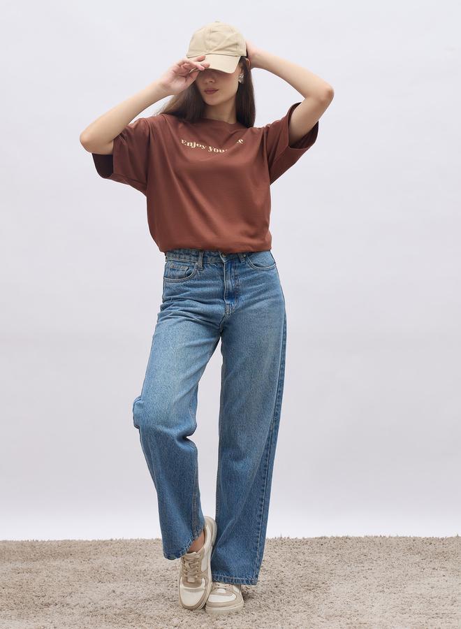 Styli Brown Slogan Print Oversized T-Shirt - Image 2