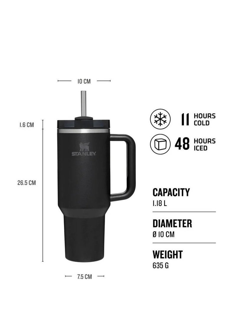 Quencher H2.0 FlowState Vacuum Insulated Tumbler 40oz Black Stainless Steel Travel Mug with Leakproof Lid & Reusable Straw, Double-Walled Design, Keeps Drinks Hot for 7 Hours & Cold for 24 Hours, Durable & Portable for On-the-Go Hydration