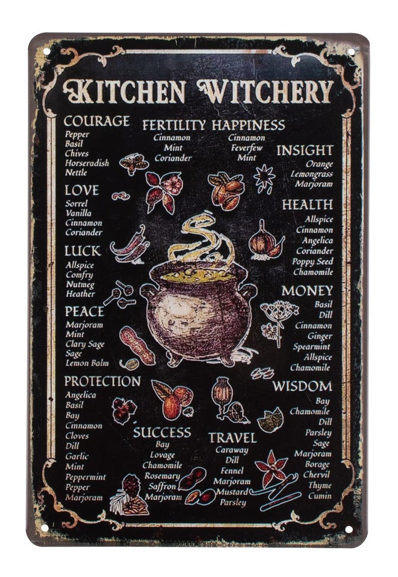 ERLOOD Kitchen Witchery Metal Decor Rustic Antique Decorations Witches Magic Knowledge Kitchen For Home HappinessTin Signs 8 x 12 Black - Image 1
