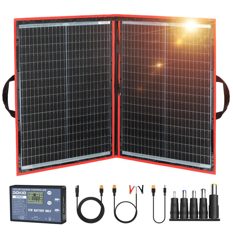 DOKIO 100W Portable Foldable Solar Panel Kit (19x26in, 5.3lb), with Separate Controller and Dual USB, Monocrystalline Charger for 12V Batteries & Power Stations, RV Camping Trailer Emergency Backup - Image 1