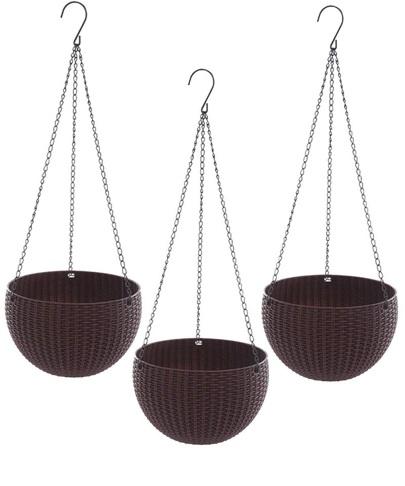 Go Hooked 7.1" Plastic Rattan Hanging Basket/Hanging Pots with Metal Hanging Chain/Hanging Planters- Set of 3 (Dark Brown) (Flowers Not Included) - Image 1