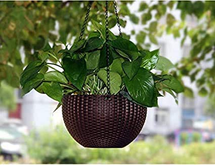 Go Hooked 7.1" Plastic Rattan Hanging Basket/Hanging Pots with Metal Hanging Chain/Hanging Planters- Set of 3 (Dark Brown) (Flowers Not Included) - Image 2