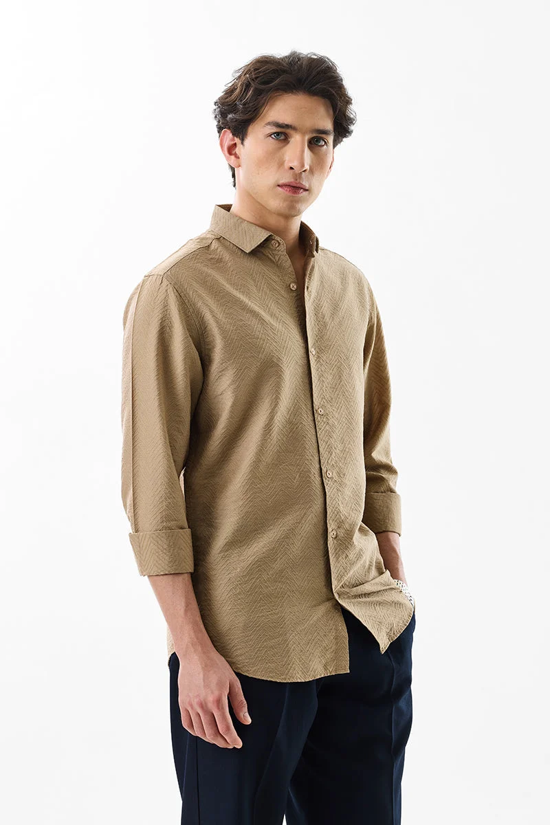 SNITCH Beige Textured Long Sleeve Slim Fit Luxe Shirt