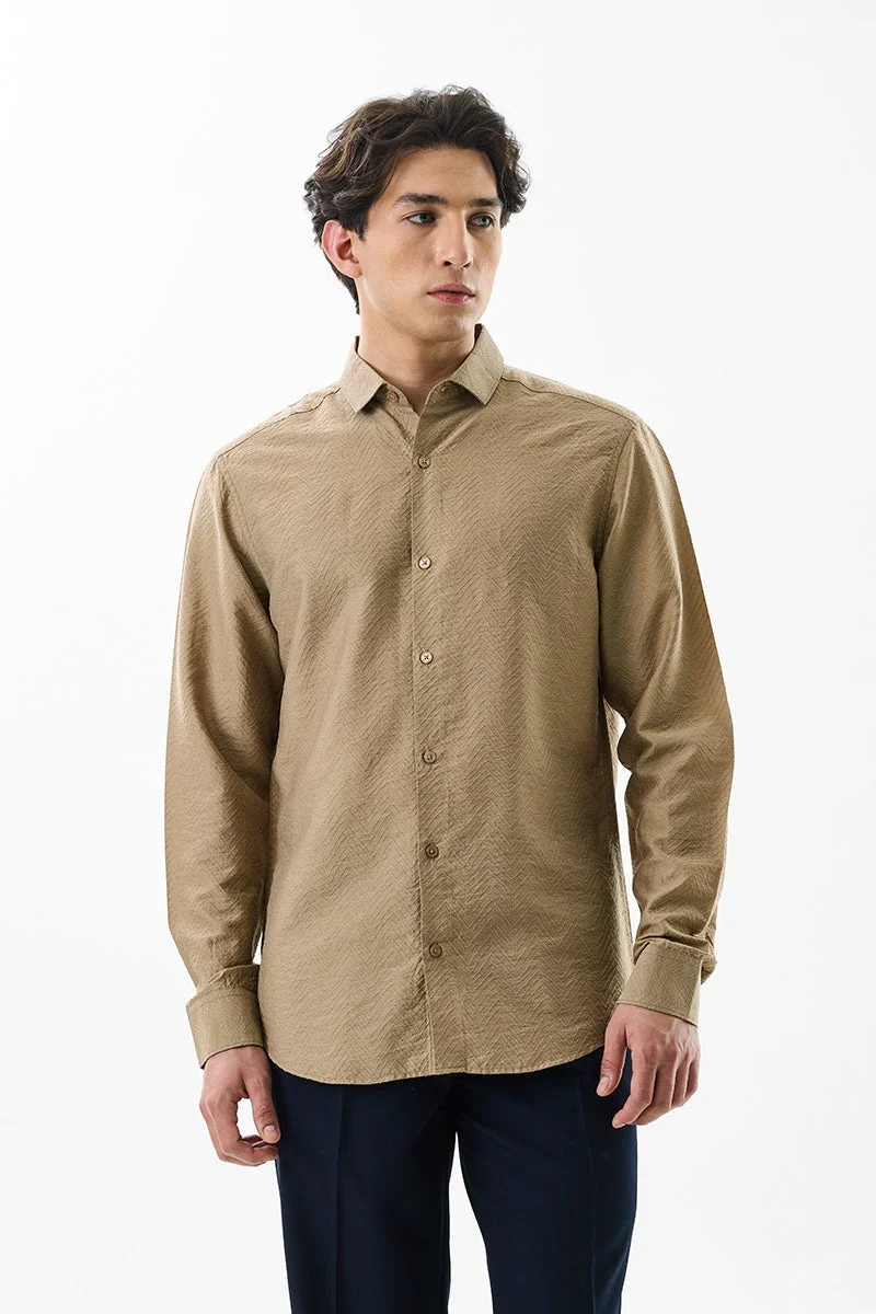 SNITCH Beige Textured Long Sleeve Slim Fit Luxe Shirt