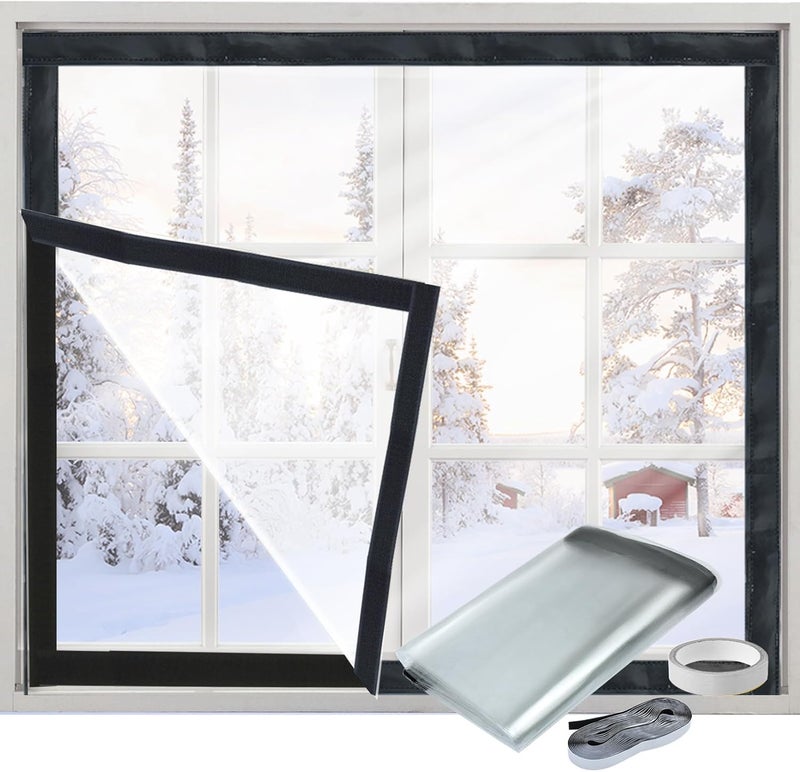 Jeyeou Window Insulation Kit for Winter Heavy Duty Plastic Window Cover Sealer Reusable Clear Thick Insulation Wrap Transparent Film with Strong Adhesive Tape and Hook and Loop Tape for Winterizing 63''x63'' - Image 1