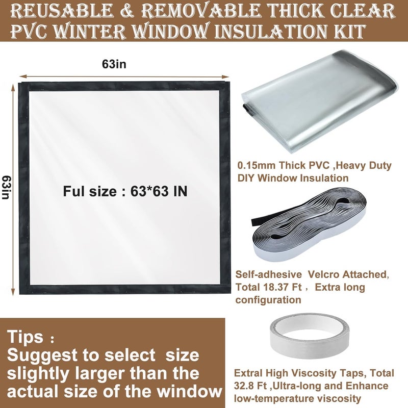 Jeyeou Window Insulation Kit for Winter Heavy Duty Plastic Window Cover Sealer Reusable Clear Thick Insulation Wrap Transparent Film with Strong Adhesive Tape and Hook and Loop Tape for Winterizing 63''x63'' - Image 2
