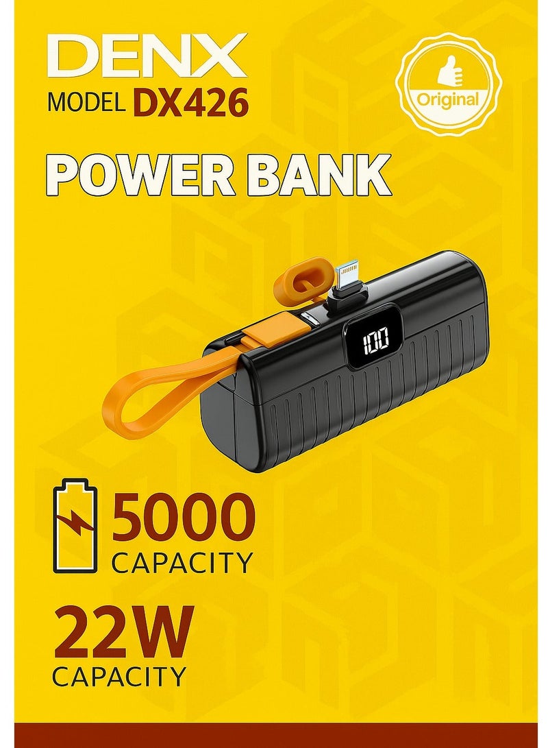 Denx DX426 5000mAh Mini Power Bank with Built-in Charging Cable | 22W Fast Charging | LED Display | Compact Portable Charger for Mobile, iPhone, Android - Image 2