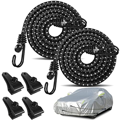 Hlogree 2PCS Car Cover Gust Straps Wind Protector,Bungee Cords Hook Clips Kit Hold Tarp Tie Down from Blowing Off in High Winds-Universal Fit for Most Cars,Sedans,SUVs,Trucks,Vans and More-Black - Image 1