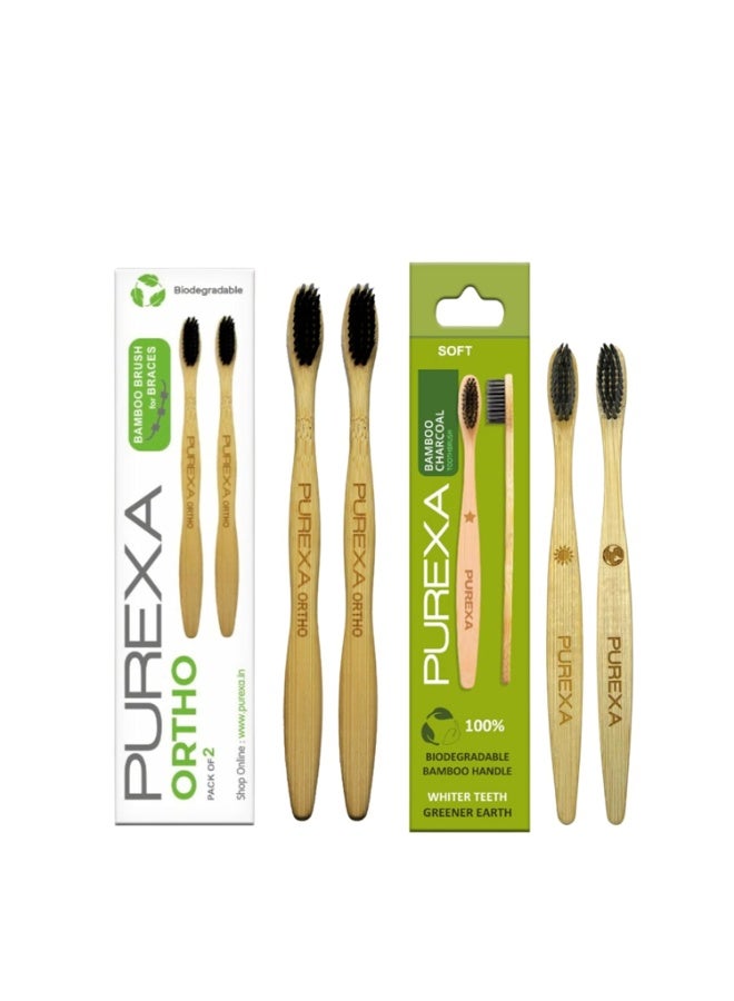 PUREXA Bamboo Toothbrush Combo Pack | 2 Adult Bamboo Toothbrushes with 2 Orthodontic Toothbrushes for Braces | Activated Charcoal Soft Bristles | BPA-Free Eco-Friendly Oral Care Set - Image 1
