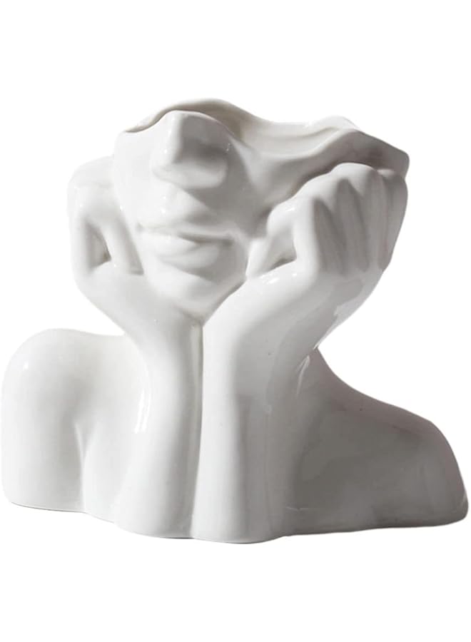 The Bros White Ceramic Face Vase Artistic Head Planter Human Body Flower Vase Centerpiece for Home Office Table Shelf Decoration, 14x11.5cm