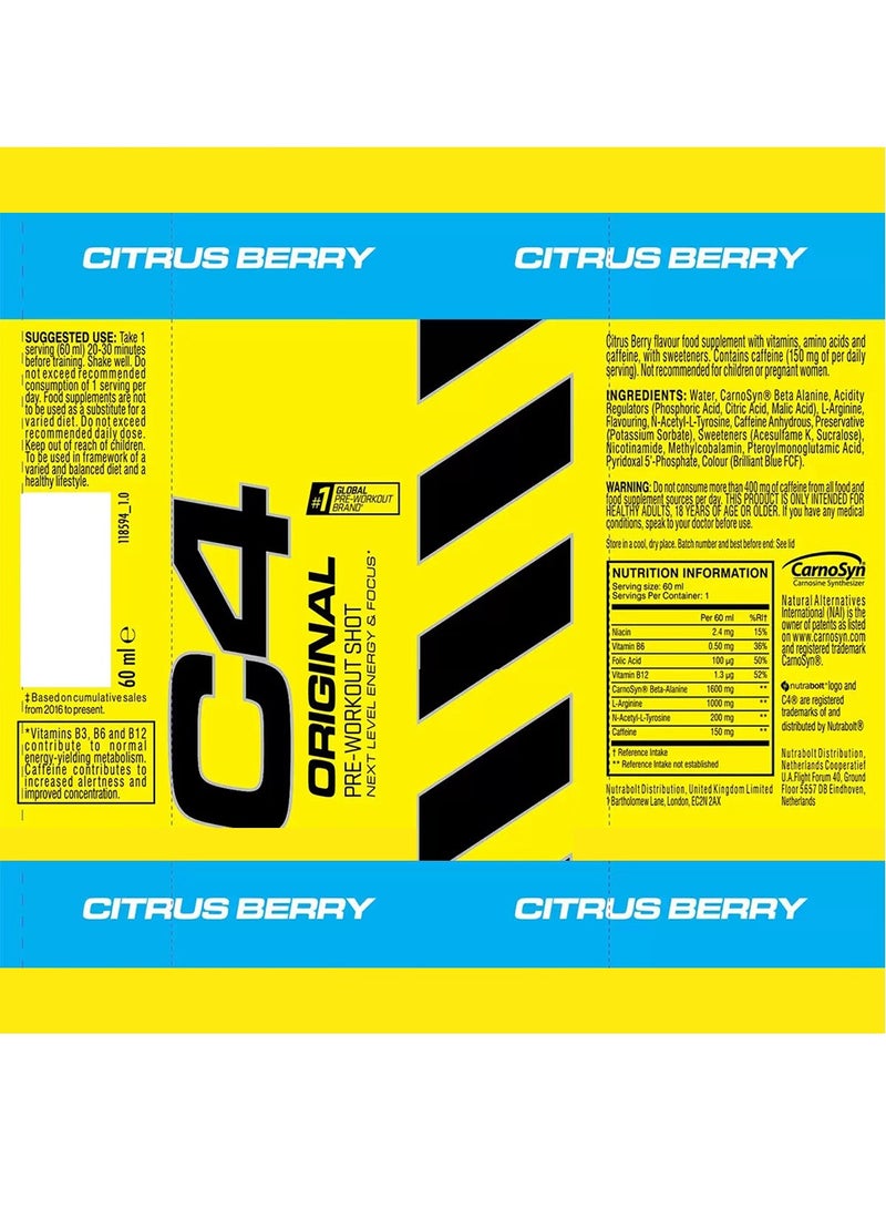 C4 Original Pre-Workout Shot 60ml Citrus Berry Pack of 12 - Image 2