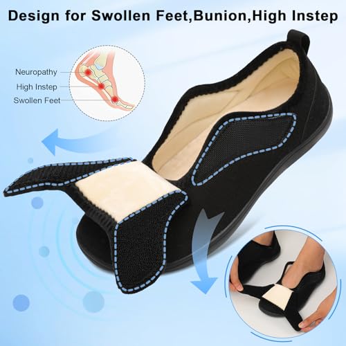 Scurtain Mens Wide Width Neuropathy Shoes Adjustable Orthopedic Socks Slippers Hospital Swollen Feet Slippers Comfy Elderly Indoor Outdoor Slippers Size Black Size - Image 3