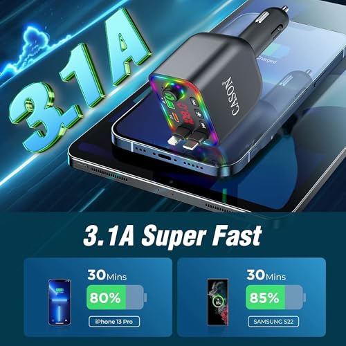 Cason Car Bluetooth FM Transmitter/Receiver, Radio Bluetooth Adapter for Car with 5V/3.1A Super Fast Retractable Charging Cable, LED Display, Hands-Free Calling Supports All Smartphones - Image 2