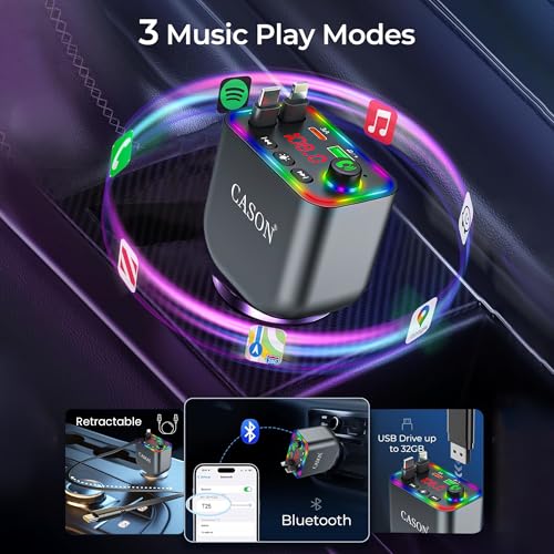 Cason Car Bluetooth FM Transmitter/Receiver, Radio Bluetooth Adapter for Car with 5V/3.1A Super Fast Retractable Charging Cable, LED Display, Hands-Free Calling Supports All Smartphones - Image 5