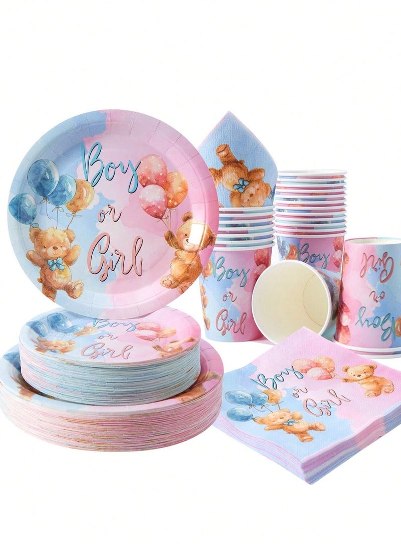 73Hours Gender Reveal Party Paper Tableware Set 25 Pieces Includes Paper Plates, Cups, Napkins in Cute Bear Design Suitable for Baby Shower and Newborn Party - Image 1
