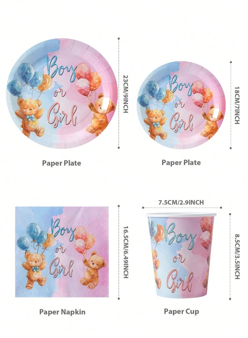 73Hours Gender Reveal Party Paper Tableware Set 25 Pieces Includes Paper Plates, Cups, Napkins in Cute Bear Design Suitable for Baby Shower and Newborn Party - Image 5