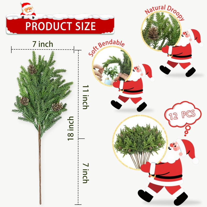 RHTRJ 12 Pcs Christmas Greenery Stems with Pinecones Soft Bendable Naturally Droop Realistic Artificial Pine Stems Christmas Pine Branches Picks Faux Cedar Stems for Vase Garland Wreath Table Home Decor(12) - Image 3