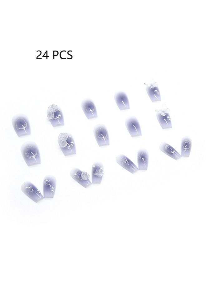 24 Pcs Camellia Butterfly Style Purple Nails Plate,Full Cover Long Fake Nails Glossy False Nails,Acrylic Nails for Women and Girls - Image 1