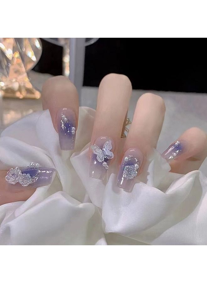 24 Pcs Camellia Butterfly Style Purple Nails Plate,Full Cover Long Fake Nails Glossy False Nails,Acrylic Nails for Women and Girls - Image 4