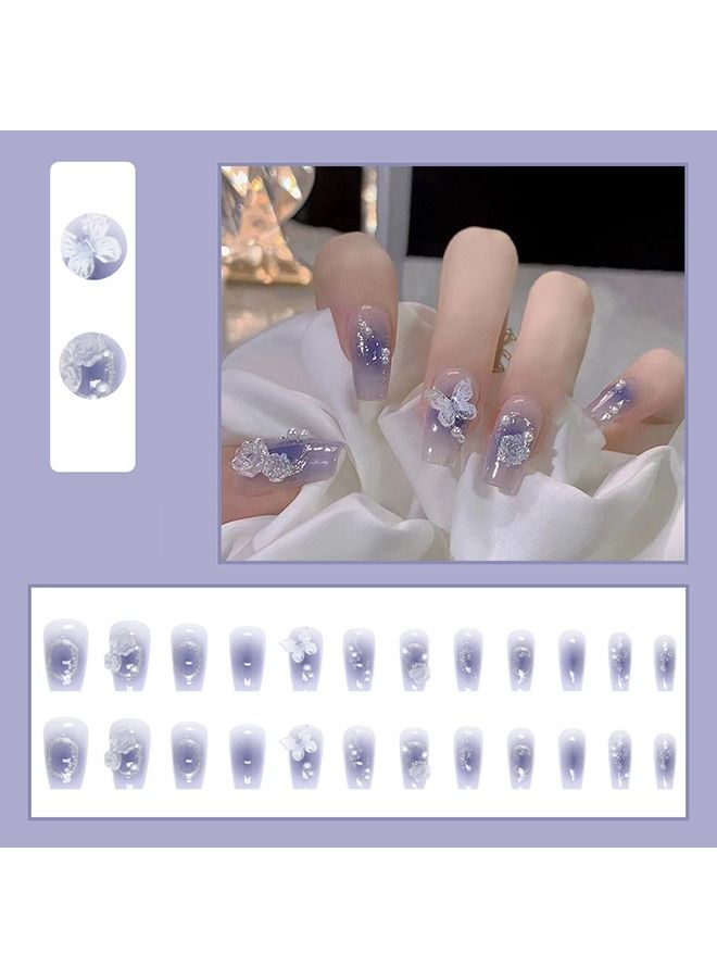 24 Pcs Camellia Butterfly Style Purple Nails Plate,Full Cover Long Fake Nails Glossy False Nails,Acrylic Nails for Women and Girls - Image 2