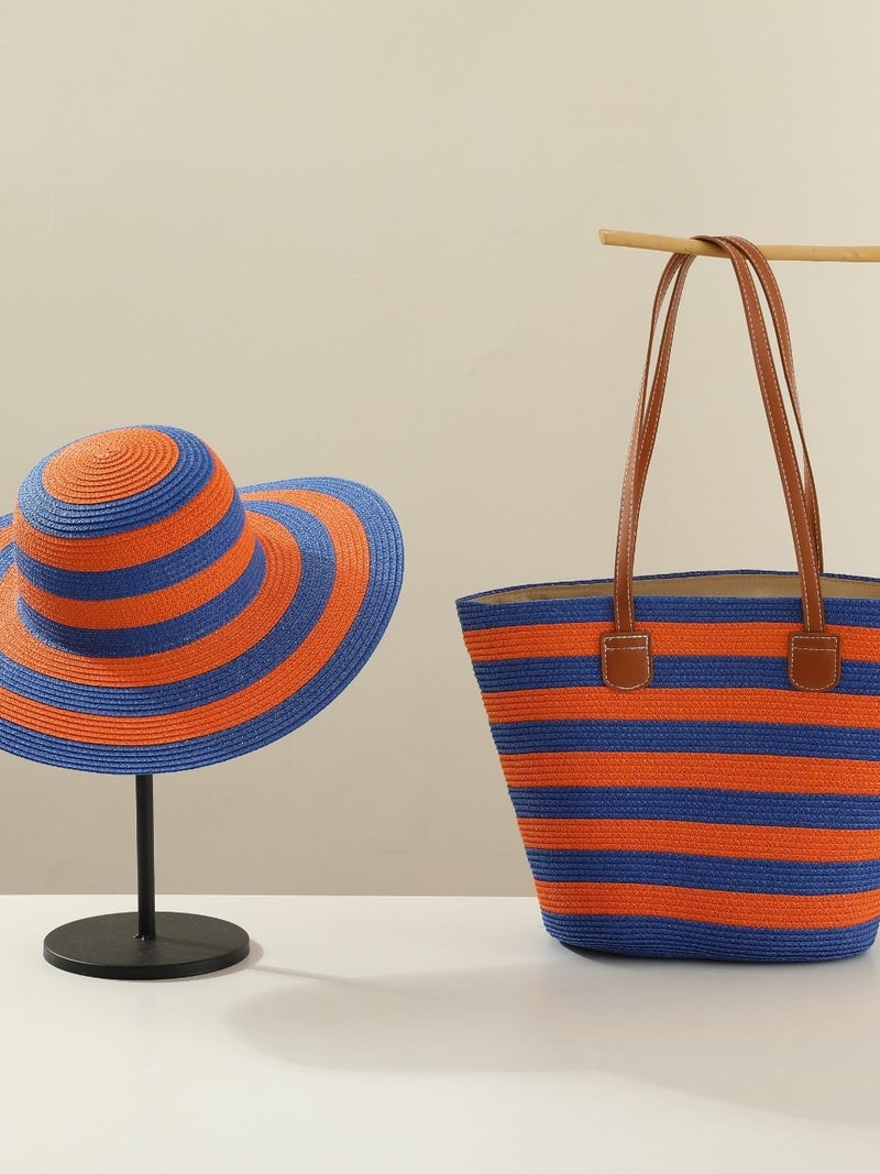Style Straw Bag Mori Style Woven Shoulder Bag Hat Set Summer Outdoor Travel Holiday Beach Tote Bag - Image 2