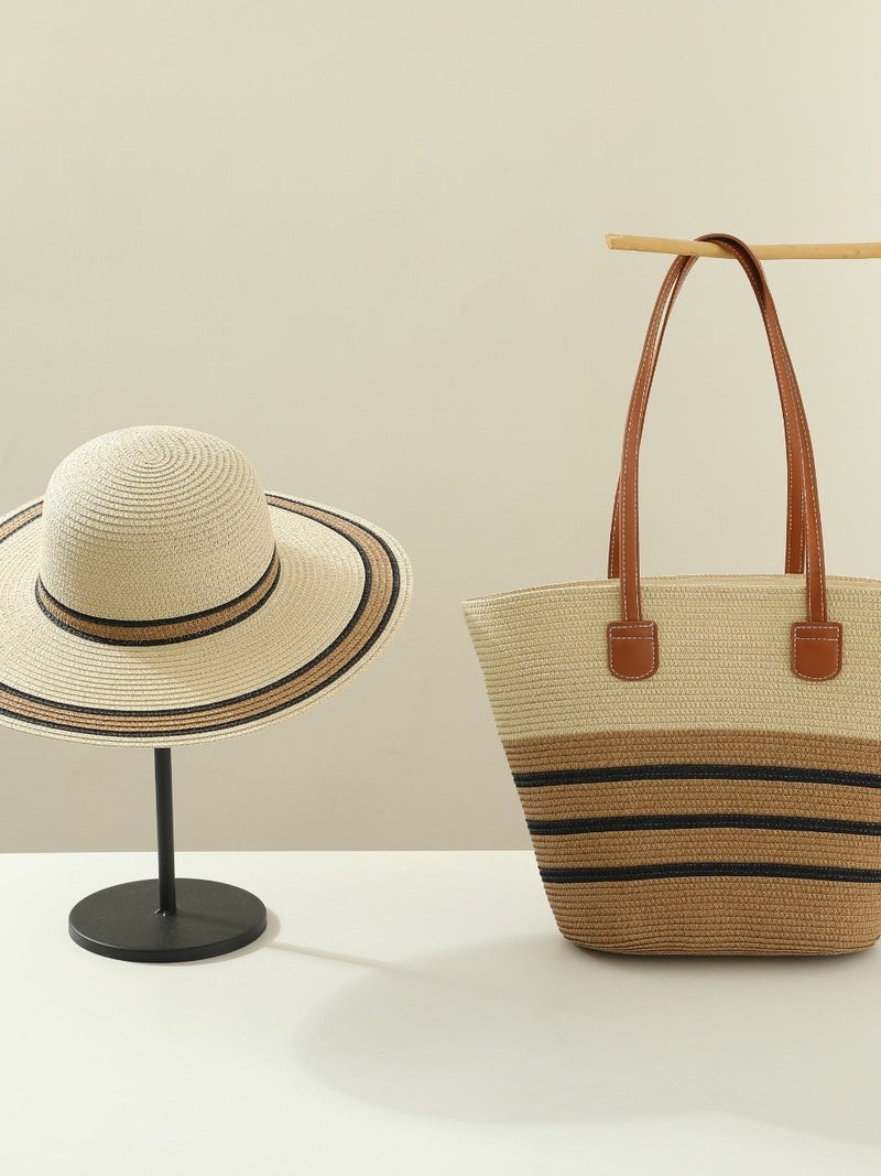 Style Straw Bag Mori Style Woven Shoulder Bag Hat Set Summer Outdoor Travel Holiday Beach Tote Bag - Image 3